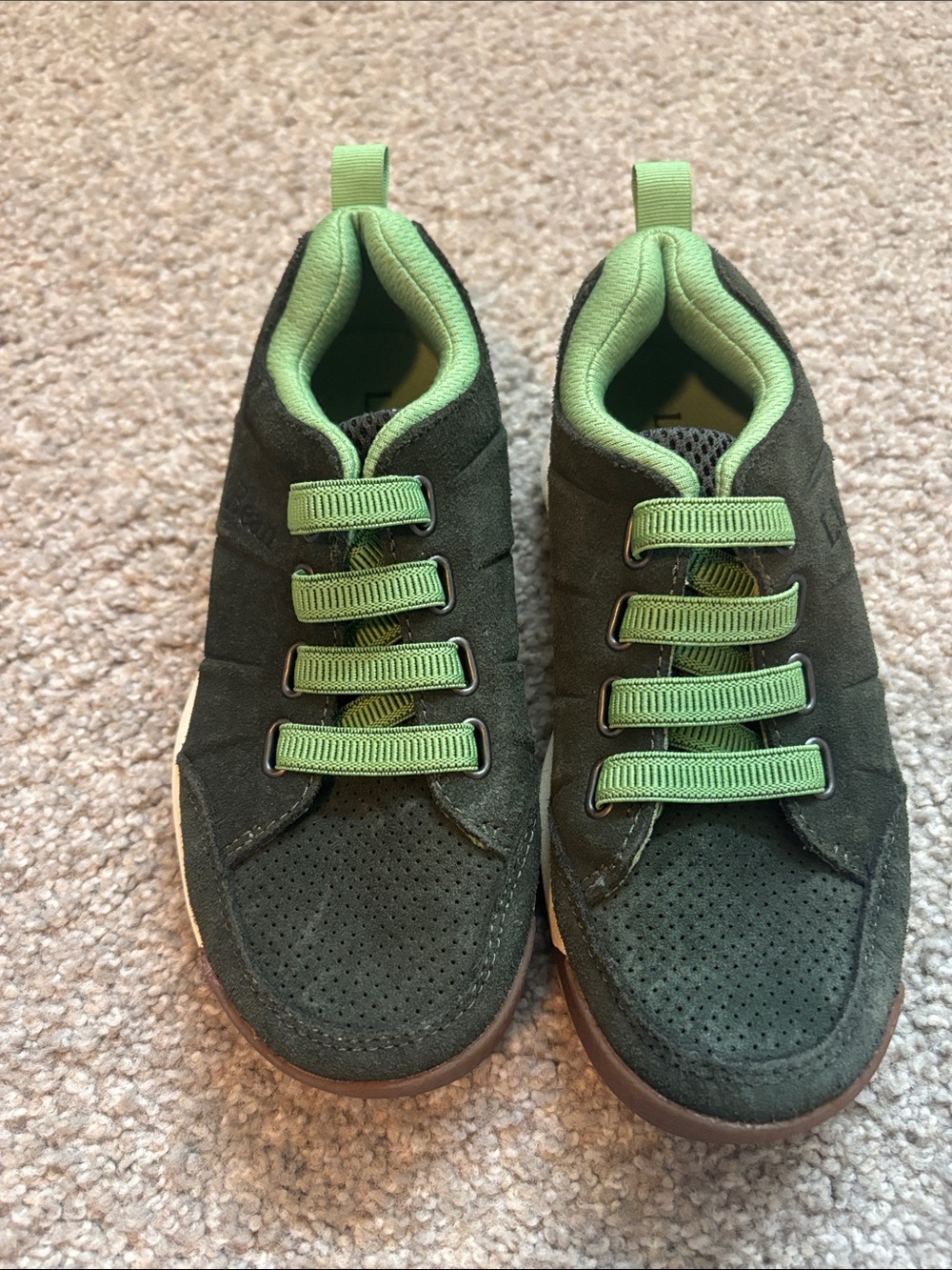 L.L. Bean Dark Green Suede Kids Sneakers with Lime Green Accents kids size 1 NEW